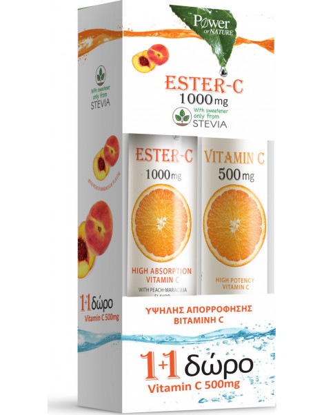 Power Of Nature Ester C 1000mg 20 αναβράζοντα δισκία & Vitamin C 500mg 20 αναβράζοντα δισκία Ροδάκινο Πορτοκάλι